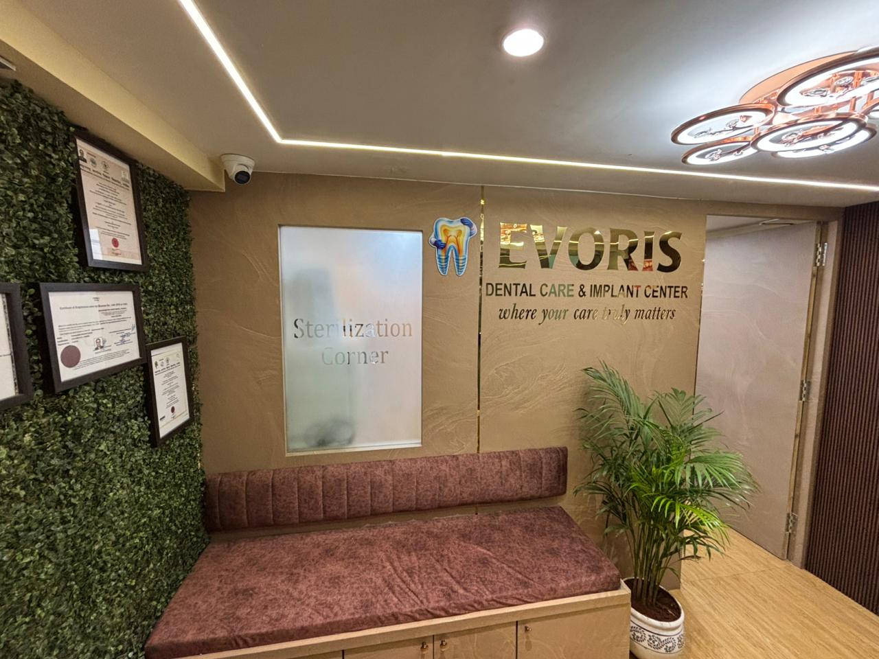 Evoris reception and waiting area with the clinic sign and sterilization corner